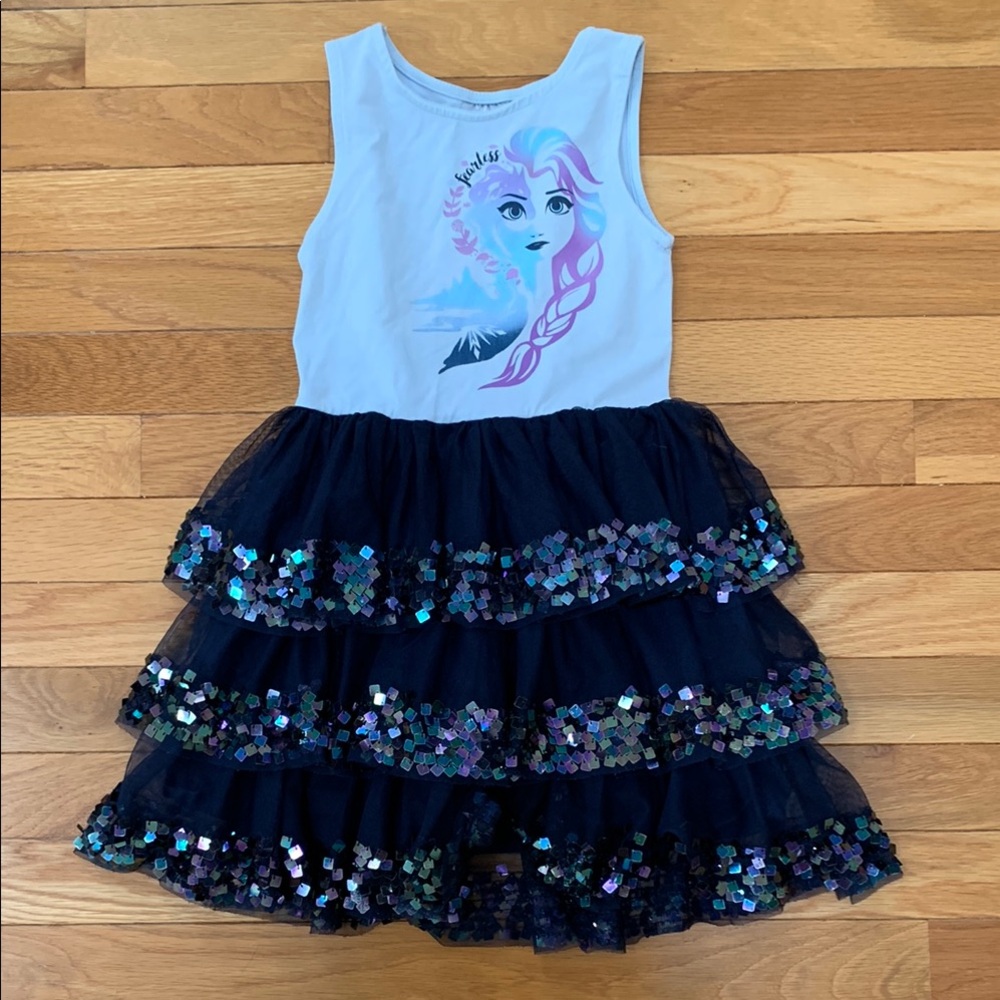 Frozen II Elsa Dress with Sparkly Sequin Trim and Layered Tiered Tulle Skirt